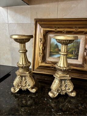 Gold Colored Ornate Baroque-Style Candlestick Pair- heavy/solid resin